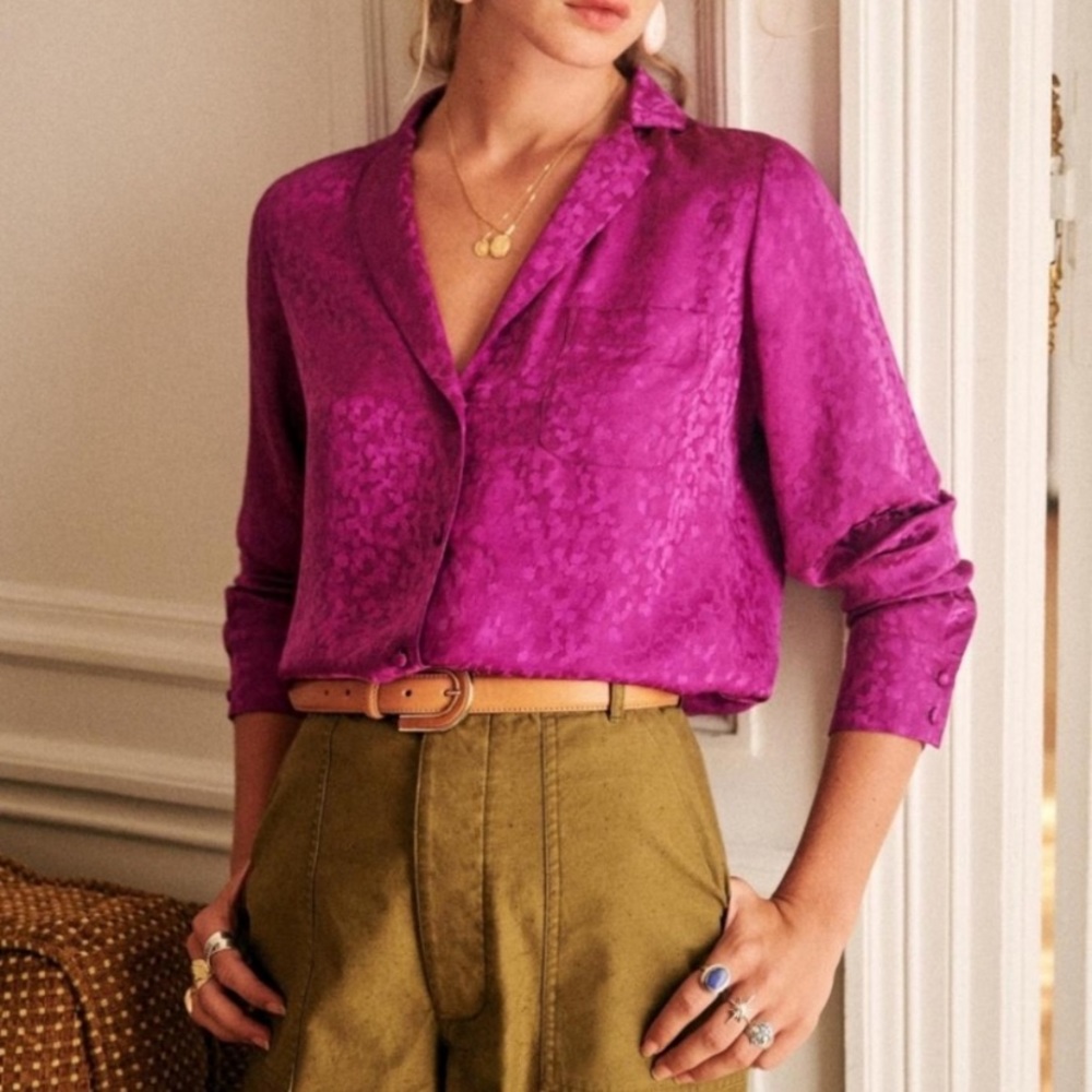 Sezane Florence Purple Silk Button Down Shirt 42